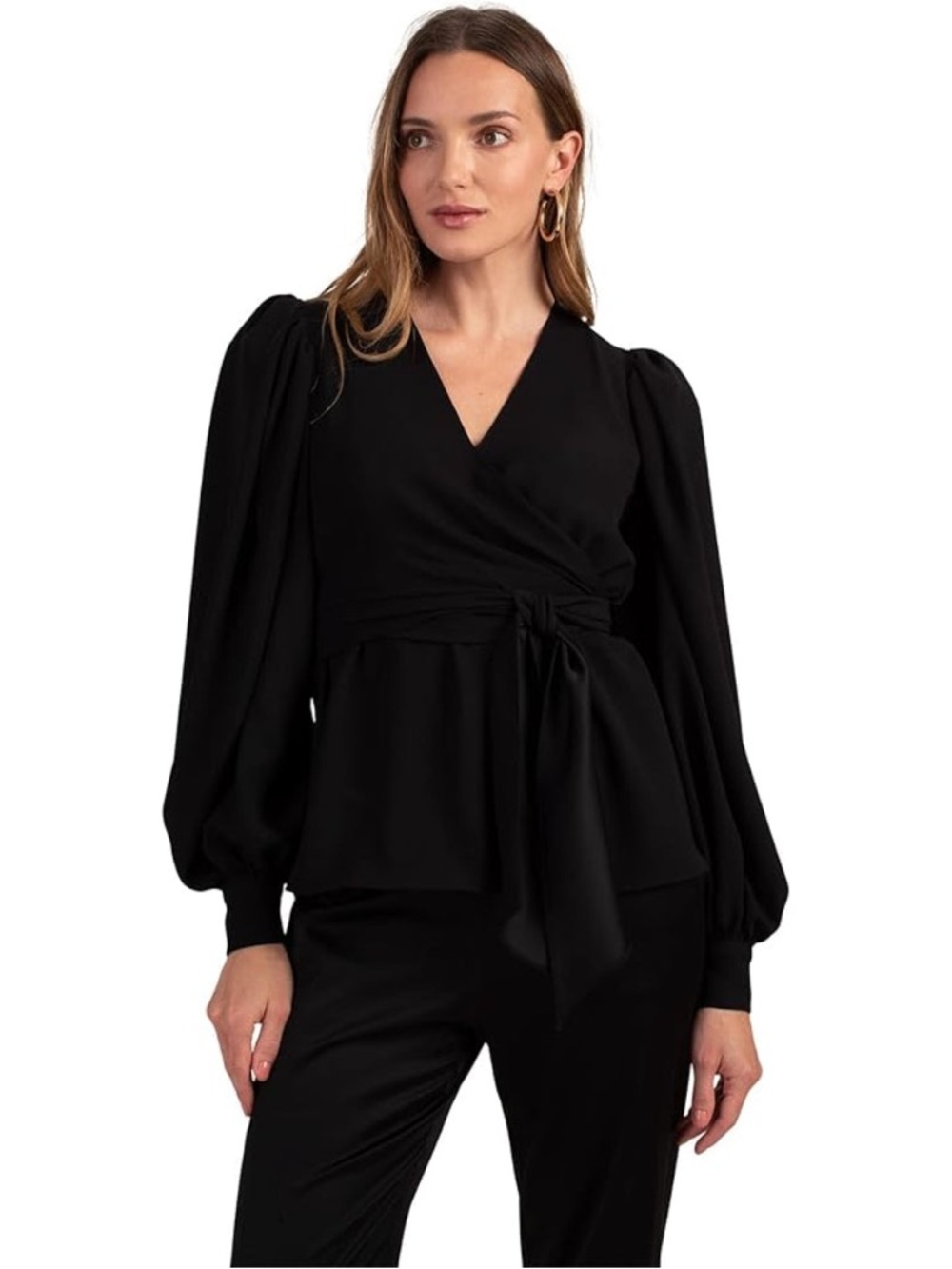 Trina Turk Aquatic Wrap Blouse Black L Puff Sleeve Tie Waist Elegant